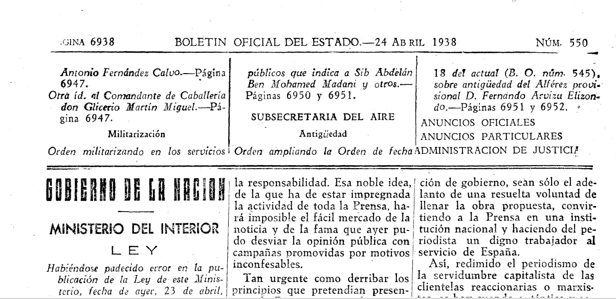 Franquismo. Ley de Prensa de 1938