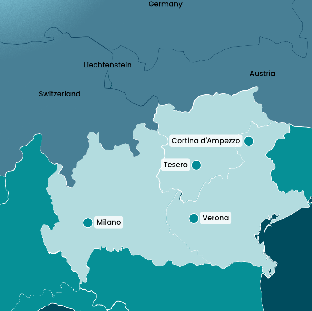Mapa de Italia que muestra Milán y Cortina, ciudades olímpicas en los Juegos de Invierno 2026