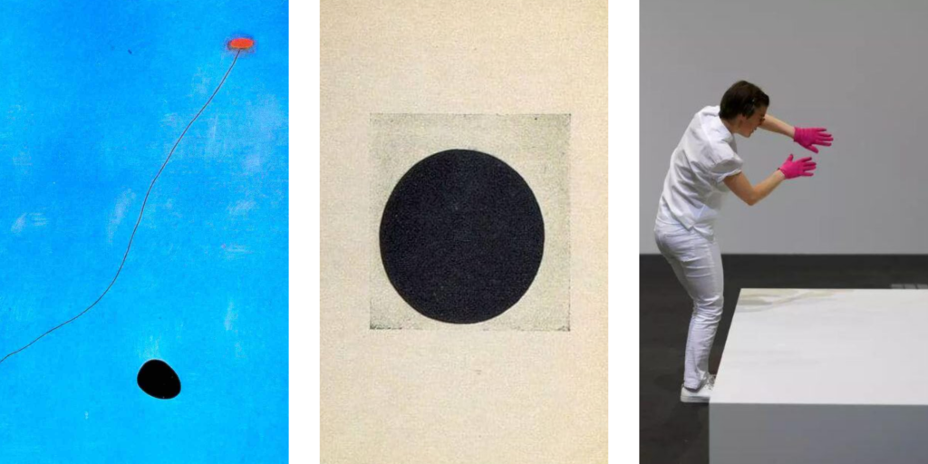 La fotografía muestra tres obras: el cuadro 'Inmersión azul' de Joan Miró, el cuadro 'Círculo Negro' de Kazimir Malévich y la escultura invisible de Salvatore Garau.