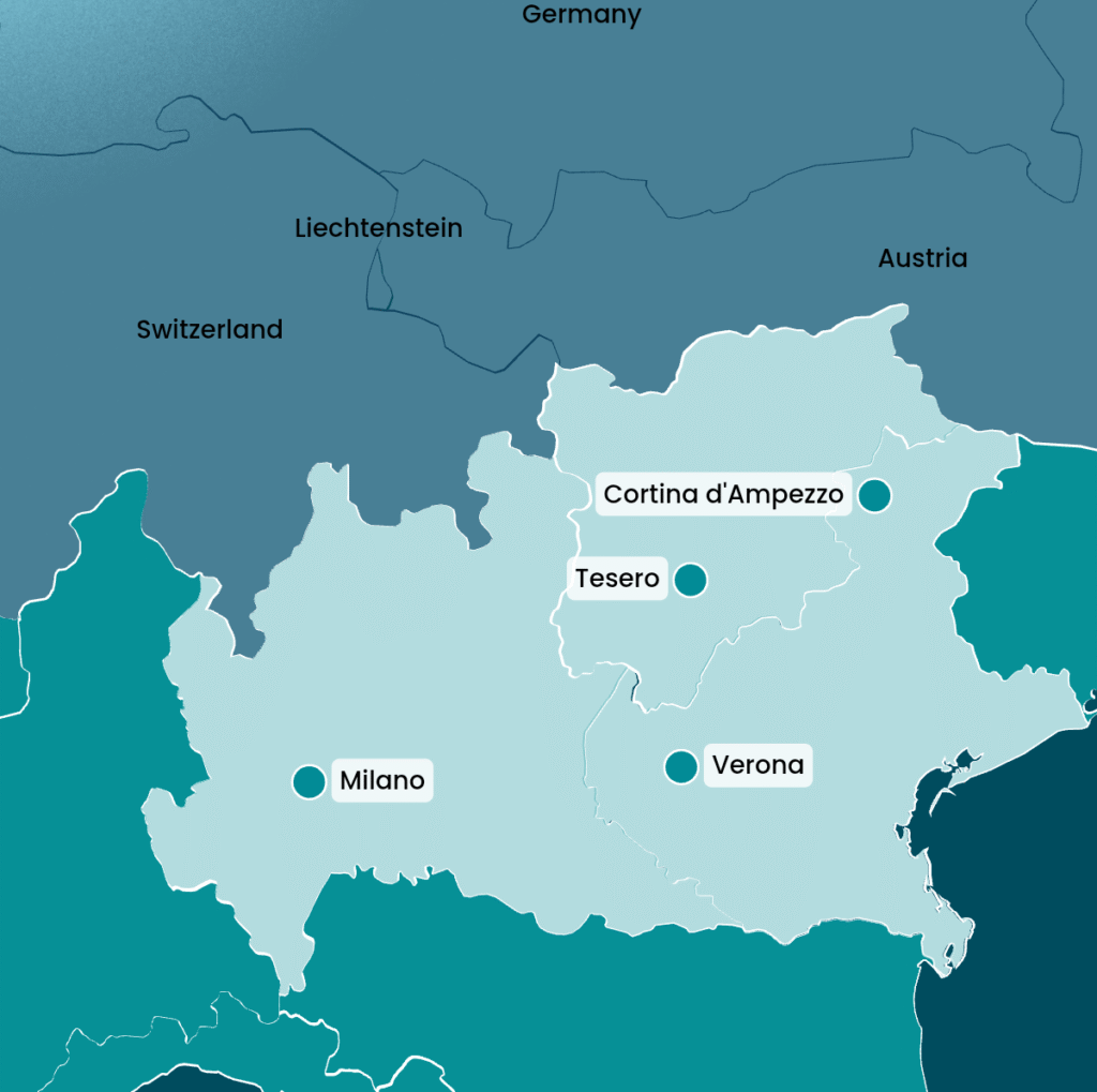 Mapa de Italia que muestra Milán y Cortina, ciudades olímpicas en los Juegos de Invierno 2026