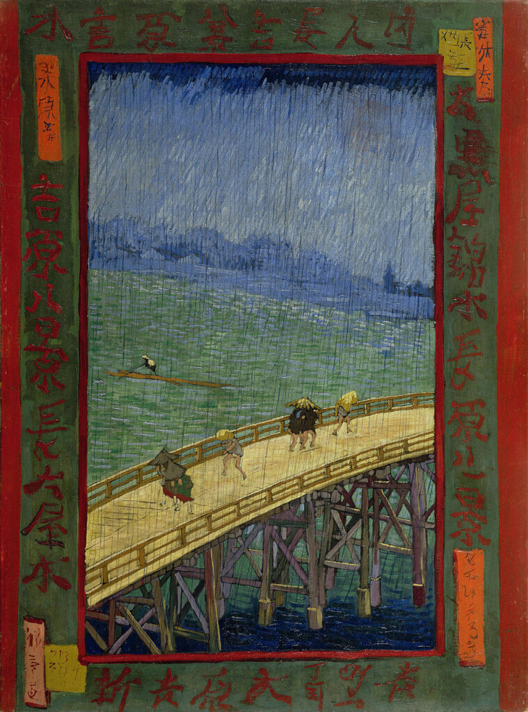 El puente bajo la lluvia (según Hiroshige) (1887), por Vincent van Gogh, también traducido como "después de Hiroshige". El cuadro es una recreación del cuadro El puente Ōhashi en Atake bajo una lluvia repentina (1857), perteneciente a la serie de xilografías Cien famosas vistas de Edo de Utagawa Hiroshige. Fuente: Wikicommons.