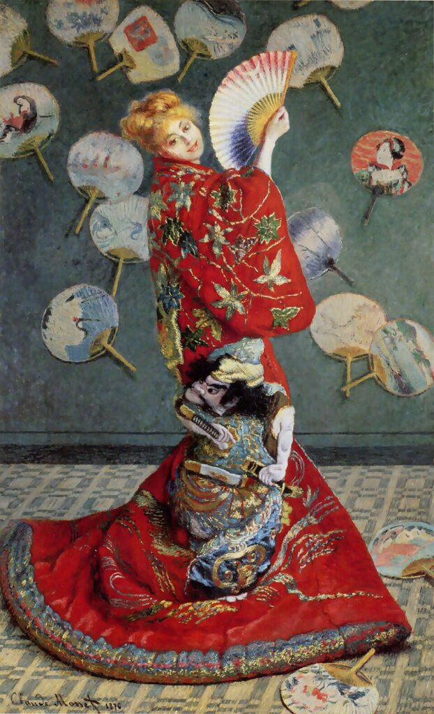 La japonesa (1876), óleo sobre lienzo de Claude Monet. La obra representa a Camille, esposa de Monet, ataviada con un kimono y fondo japonés. Es un cuadro satírico al boom japonés pero también utiliza el kimono como símbolo de sensualidad. Fuente: Wikicommons.